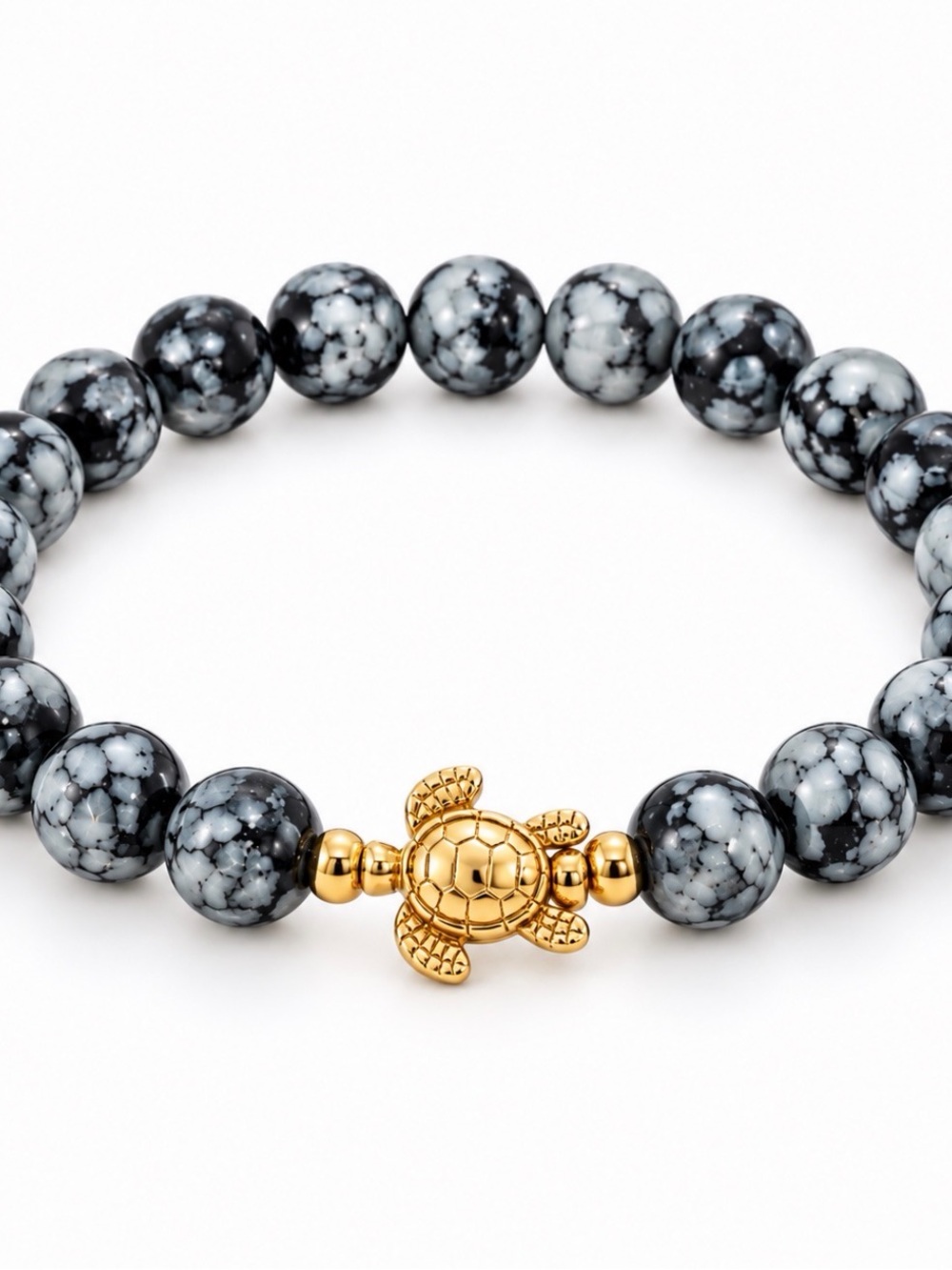 New Agate Stone Beaded Stretch Bracelet with Gold Turtle Charm